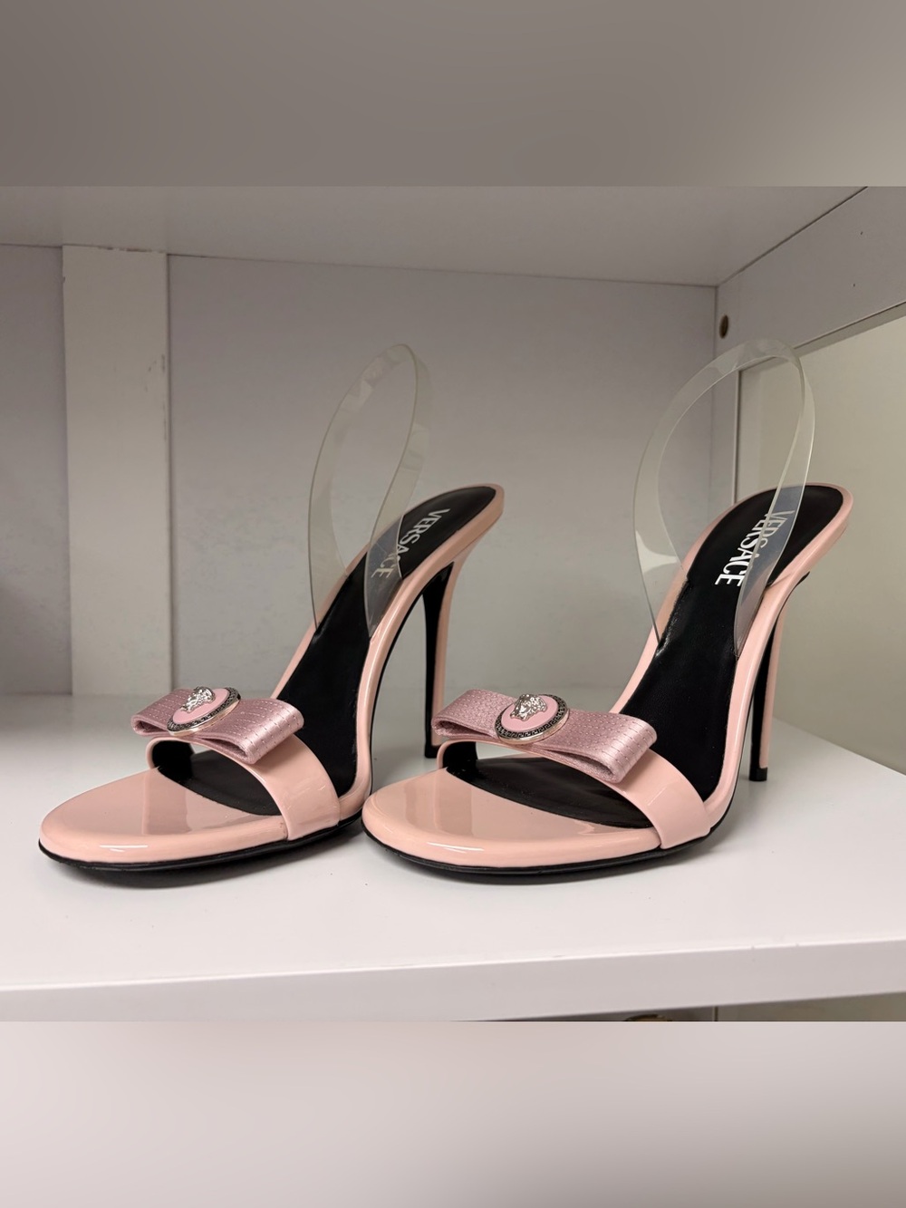 Versace Blush Pink Patent Leather Stiletto Sandals with Bow Medallion